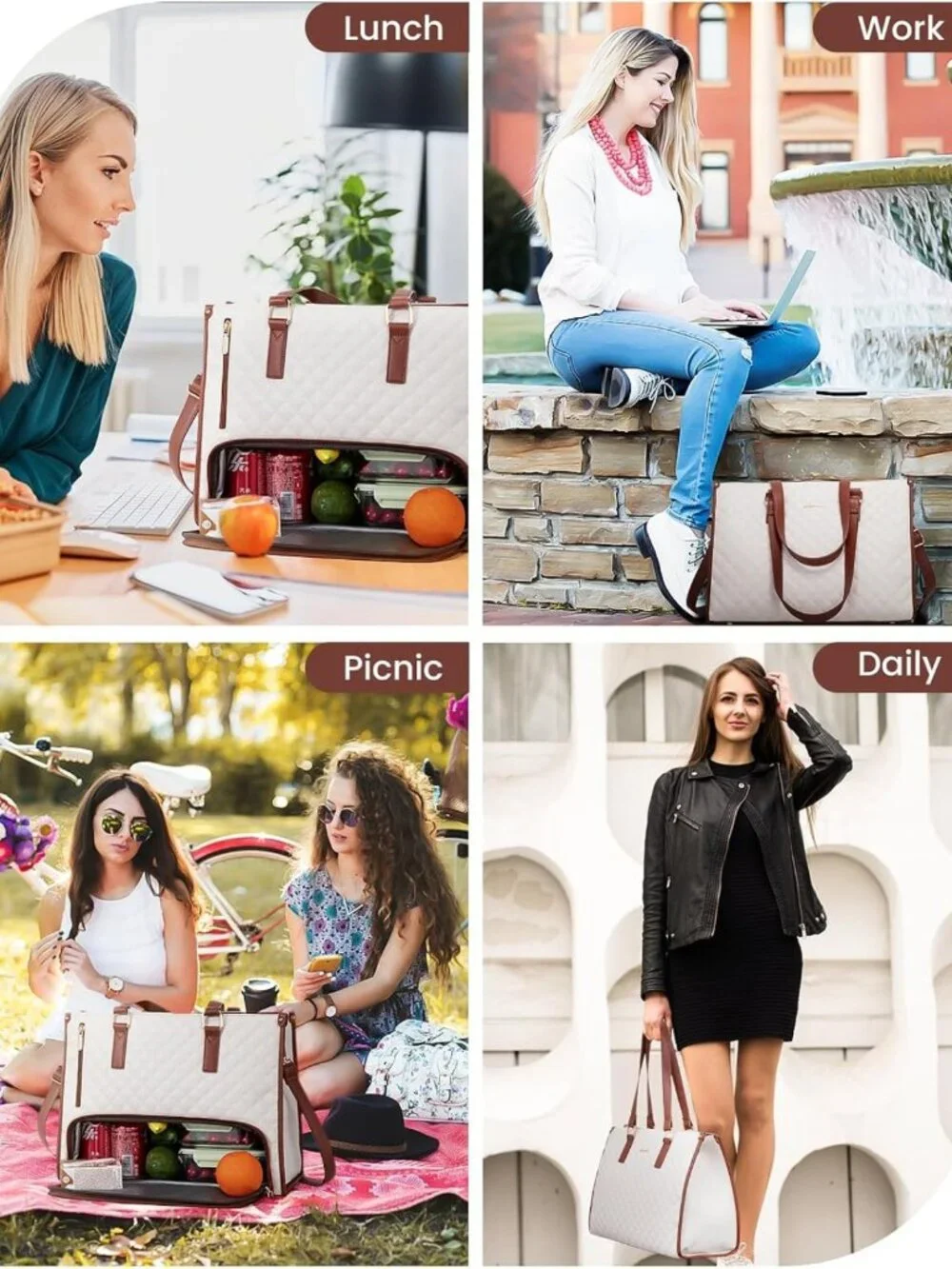 Stylish Insulated Lunch Tote & Laptop Bag for Women - Large Capacity, Quilted